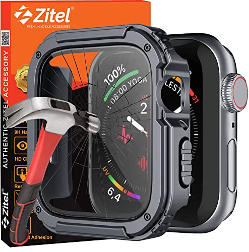 Zitel Rugged Case Compatible with Apple Watch 44mm Series SE 6/5/4 Military Grade Hard PC Bumper Cover with Built-in 9H Tempered Glass Screen Protector Edge-to-Edge Smart Defense - Gray