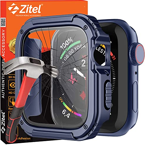 Zitel Rugged Case Compatible with Apple Watch 44mm Series SE 6/5/4 Military Grade Hard PC Bumper Cover with Built-in 9H Tempered Glass Screen Protector Edge-to-Edge Smart Defense - Blue