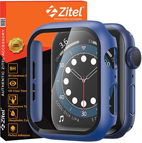 Zitel Case Bumper Cover with Built-in 9H Tempered Glass Screen Protector Compatible with Apple Watch 44mm Series 6, SE Series, 5 Series, 4 Series Edge-to-Edge 360 Degree Smart Defense - Matte Blue