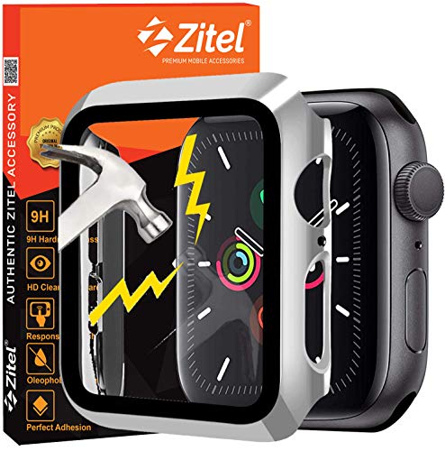 Zitel Case Bumper Cover with Built-in 9H Tempered Glass Screen Protector Compatible with Apple Watch 40mm Series 6, SE Series, 5 Series, 4 Series Edge-to-Edge 360 Degree Smart Defense - Silver