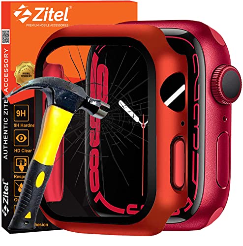 Zitel Case Compatible with Apple Watch Series 7 41mm Hard PC Bumper Case with Built-in 9H Tempered Glass Screen Protector Edge-to-Edge Smart Defense - Red