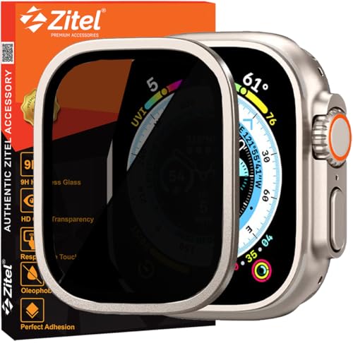 Zitel Privacy Screen Protector for Apple Watch Ultra 2 / Ultra 49mm, Anti-Spy Tempered Glass with Titanium Alloy Framework - Titanium