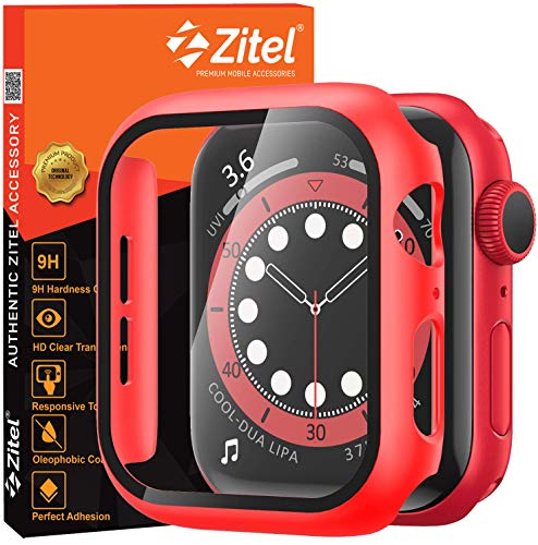 Zitel Case Bumper Cover with Built-in 9H Tempered Glass Screen Protector Compatible with Apple Watch 44mm Series 6, SE Series, 5 Series, 4 Series Edge-to-Edge 360 Degree Smart Defense - Matte Red