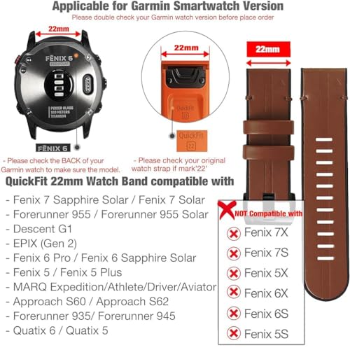 Zitel Bands for Garmin Fenix 6/6 Pro, Fenix 7/7 Solar, Fenix 5/5 Plus, Epix Gen 2, new Forerunner 965/955/945/935, Leather-Silicone Strap 22mm - Brown