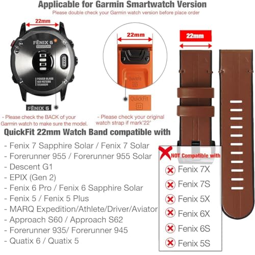 Zitel Bands for Garmin Fenix 6/6 Pro, Fenix 7/7 Solar, Fenix 5/5 Plus, Epix Gen 2, Approach S62, new Forerunner 955/945/935, Leather Integrated with Silicone Sport Strap 22mm - Brown
