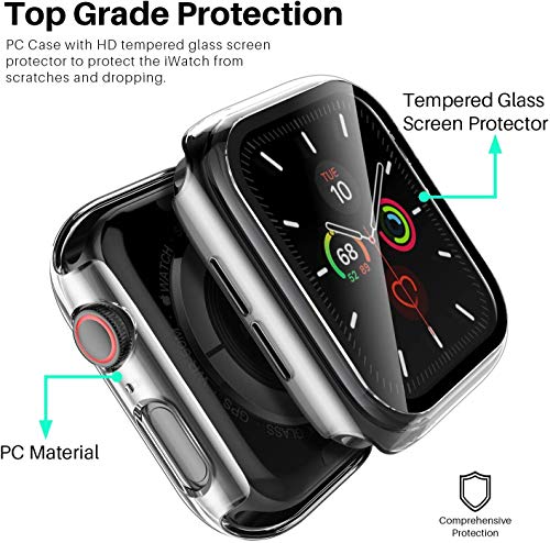 Zitel Transparent Hard PC Case Bumper Cover with Built-in 9H Tempered Glass Screen Protector Compatible with Apple Watch 44mm Series 6, SE Series, 5 Series, 4 Series Edge-to-Edge Smart Defense - Clear