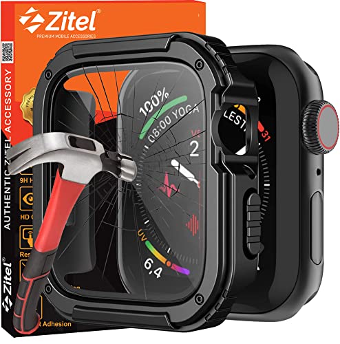 Zitel Rugged Case Compatible with Apple Watch 44mm Series SE 6/5/4 Military Grade Hard PC Bumper Cover with Built-in 9H Tempered Glass Screen Protector Edge-to-Edge Smart Defense - Black