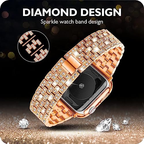 Zitel Band for Apple Watch 45mm Bling Diamond Rhinestone Strap + Case for Women Girls iWatch Series 9 | 8 | 7 - Rose Gold