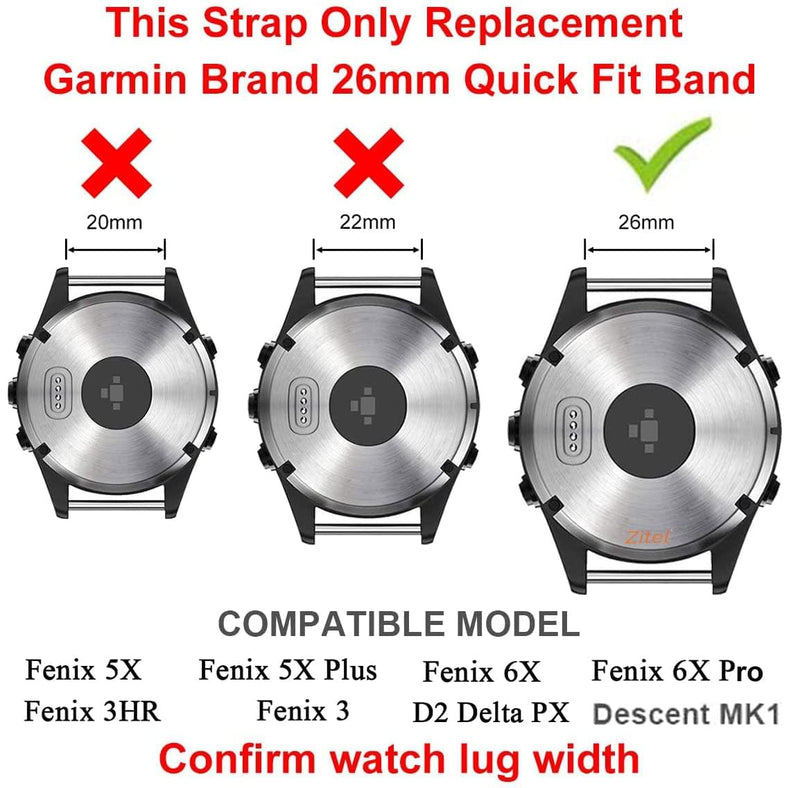 Zitel Band for Garmin Fenix 7X, 6X/6X Pro, 5X/5X Plus, 3/3 HR, 26mm Sport Strap - Gray