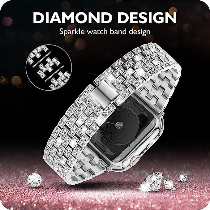 Zitel Band for Apple Watch 41mm Bling Diamond Rhinestone Strap + Case for Women Girls iWatch Series 9 | 8 | 7 - Silver