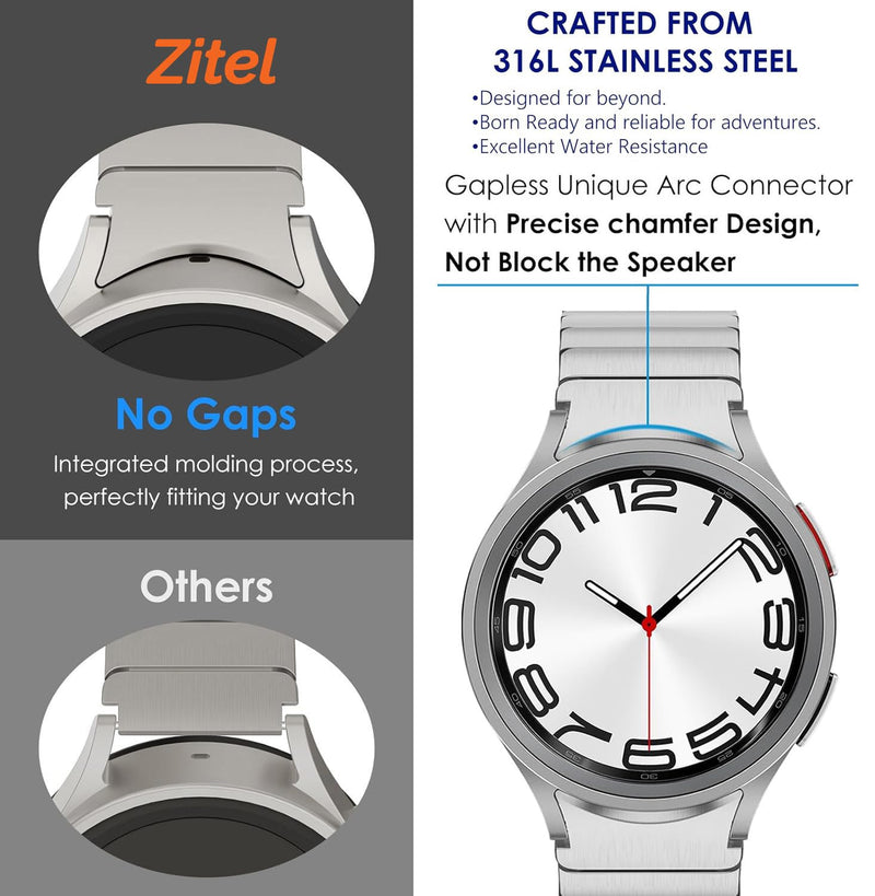Zitel Band for Samsung Galaxy Watch 6, Watch 5, Watch 4, Stainless Steel No Gap Band - Silver