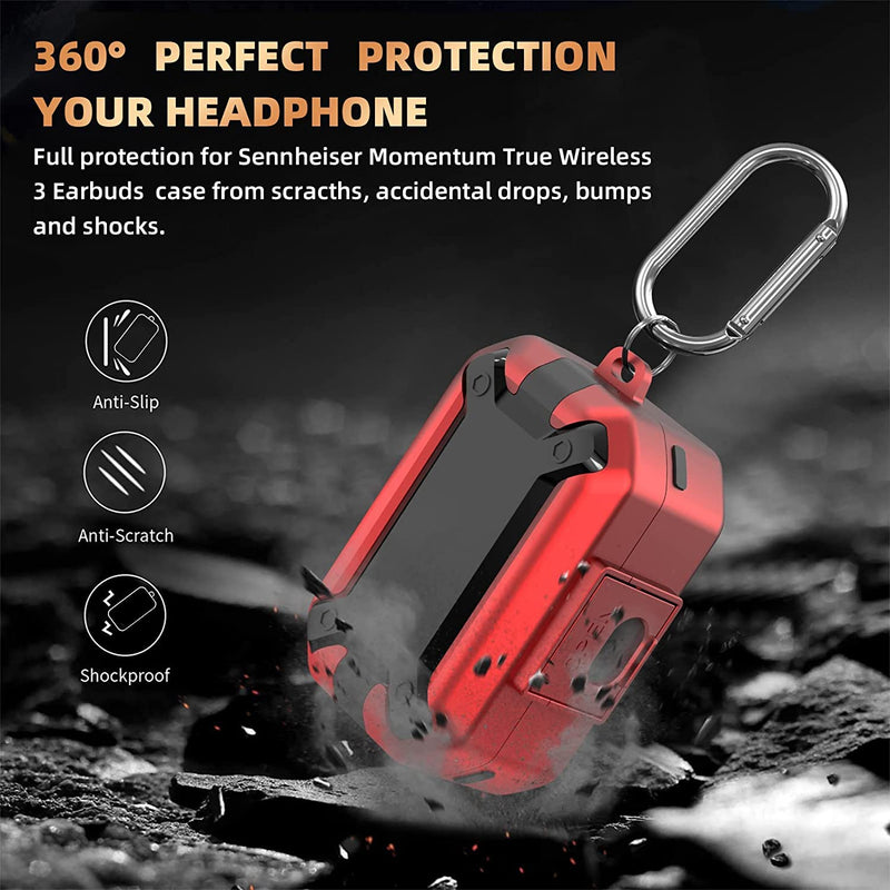 Zitel Rugged Case for Sennheiser Momentum True Wireless 3 Earbuds Case with Secure Lock & Keychain Carabiner (Red)