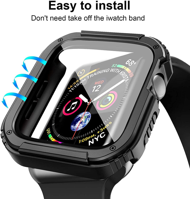 Zitel Rugged Case for Apple Watch Series 9 / 8 / 7 41mm Screen Protector Case with Built-in 9H Tempered Glass - Black