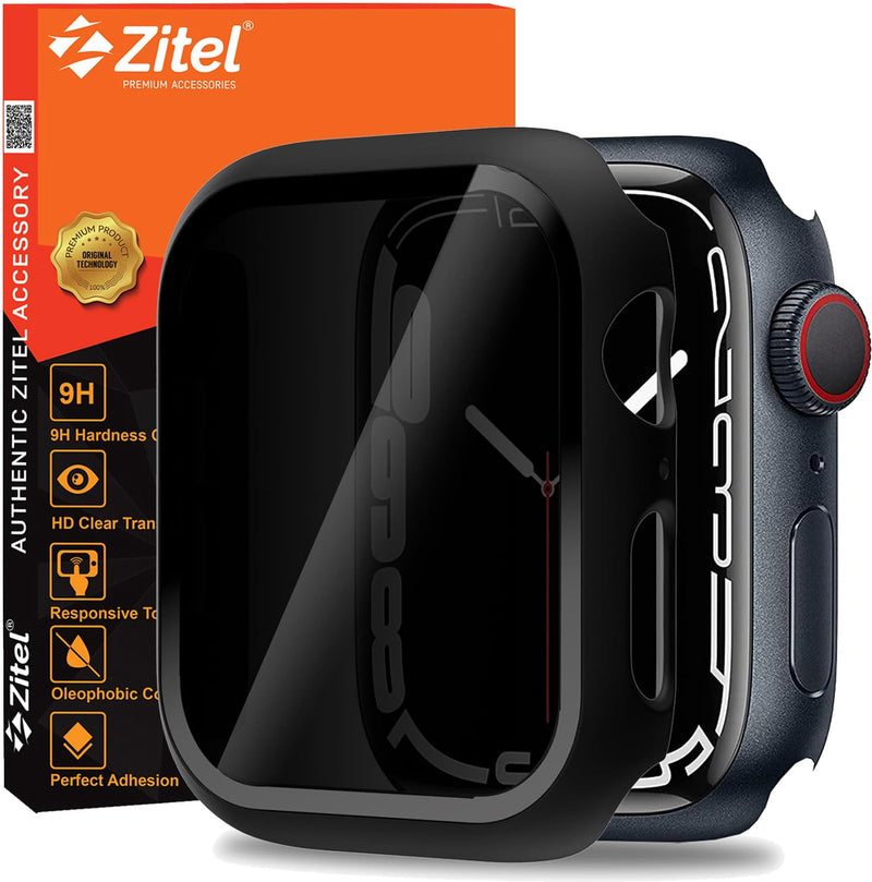 Zitel Privacy Screen Protector Case for Apple Watch 45mm Series 9 / 8 / 7 Anti-Spy Screen Glass Protector Hard PC Cover - Matte Black