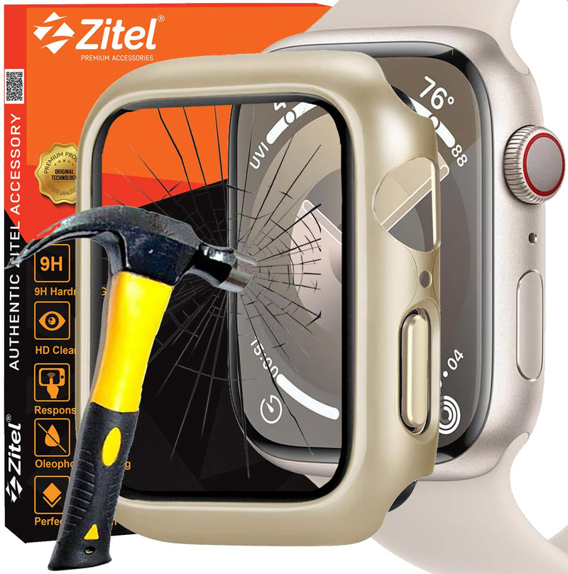 Zitel Case for Apple Watch Series 9 / 8 / 7 41mm Screen Protector Case with Built-in 9H Tempered Glass - Silky Gold