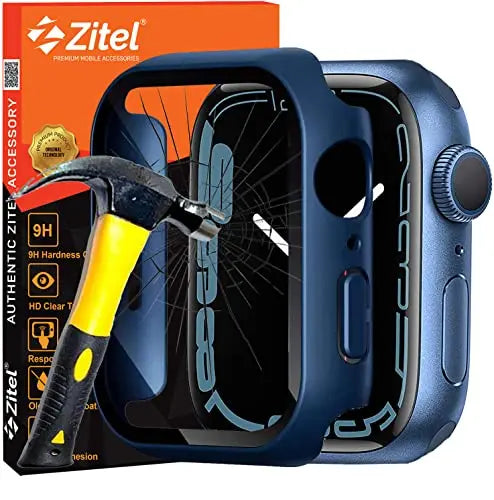 Zitel Case Compatible with Apple Watch Series 7 45mm Hard PC Bumper Case with Built-in 9H Tempered Glass Screen Protector Edge-to-Edge Smart Defense - Blue Zitel