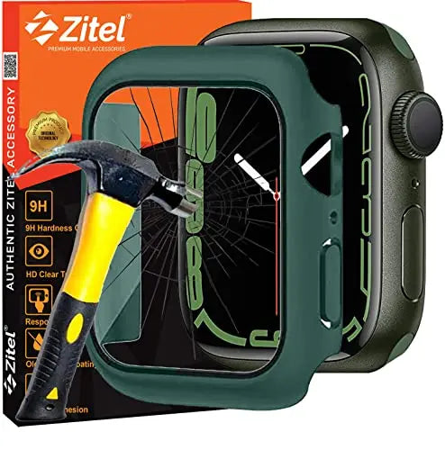 Zitel Case Compatible with Apple Watch Series 7 45mm Hard PC Bumper Case with Built-in 9H Tempered Glass Screen Protector Edge-to-Edge Smart Defense - Green Zitel