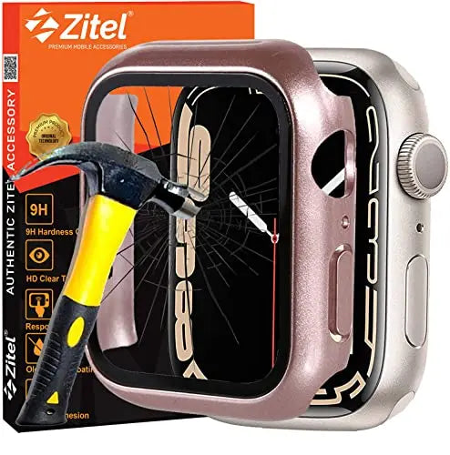 Zitel Case Compatible with Apple Watch Series 7 45mm Hard PC Bumper Case with Built-in 9H Tempered Glass Screen Protector Edge-to-Edge Smart Defense - Rose Gold Zitel
