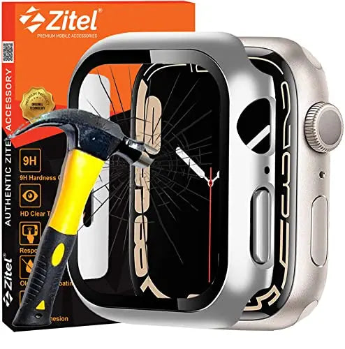 Zitel Case Compatible with Apple Watch Series 7 45mm Hard PC Bumper Case with Built-in 9H Tempered Glass Screen Protector Edge-to-Edge Smart Defense - Silver Zitel