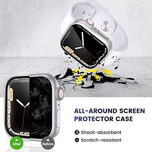 Zitel Case Compatible with Apple Watch Series 7 45mm Hard PC Bumper Case with Built-in 9H Tempered Glass Screen Protector Edge-to-Edge Smart Defense - Silver Zitel