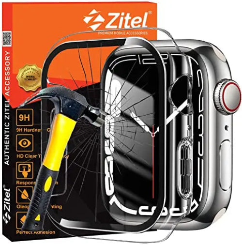 Zitel Case Compatible with Apple Watch Series 7 45mm Hard PC Case Bumper Cover with Built-in 9H Tempered Glass Screen Protector Edge-to-Edge Smart Defense - Clear Zitel